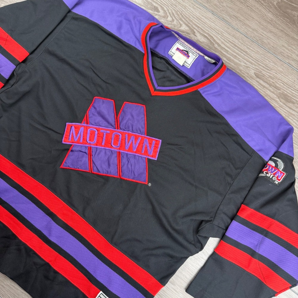 Motown Cafe Mens Hockey Jersey Vintage Embroidered Logo Black Purple XL